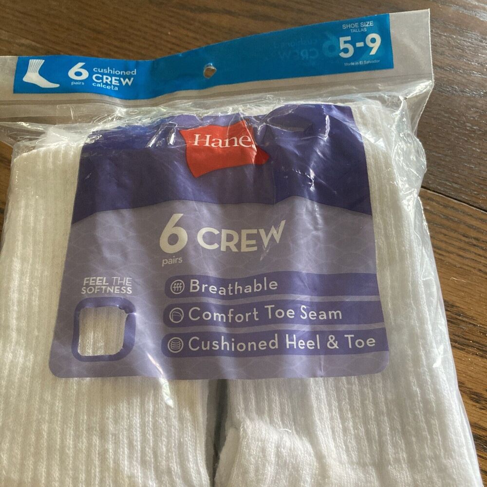 New Hanes Crew Socks Cushioned Heel & Toe 6 Pair White Women's Shoe Size 5-9